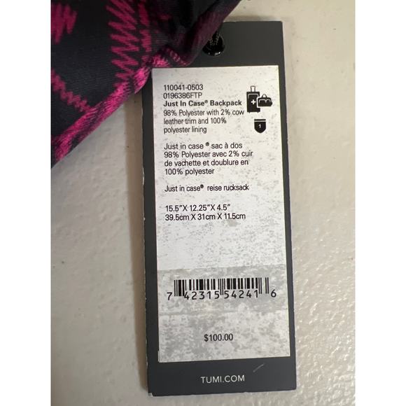 New nwt Tumi just in case backpack printed floral  purple black travel emergency - Picture 5 of 9